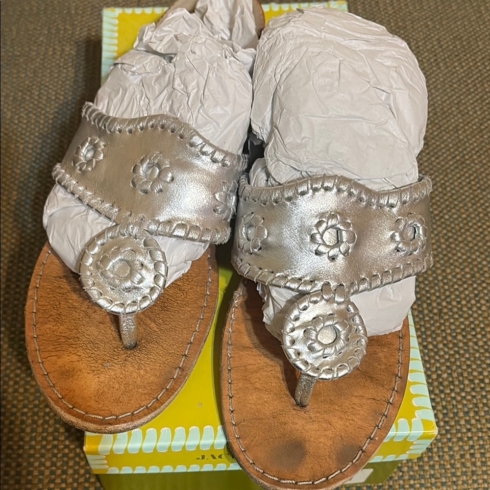 Jack Rogers Silver and Tan Women's Sandals wedge style sz 9.5